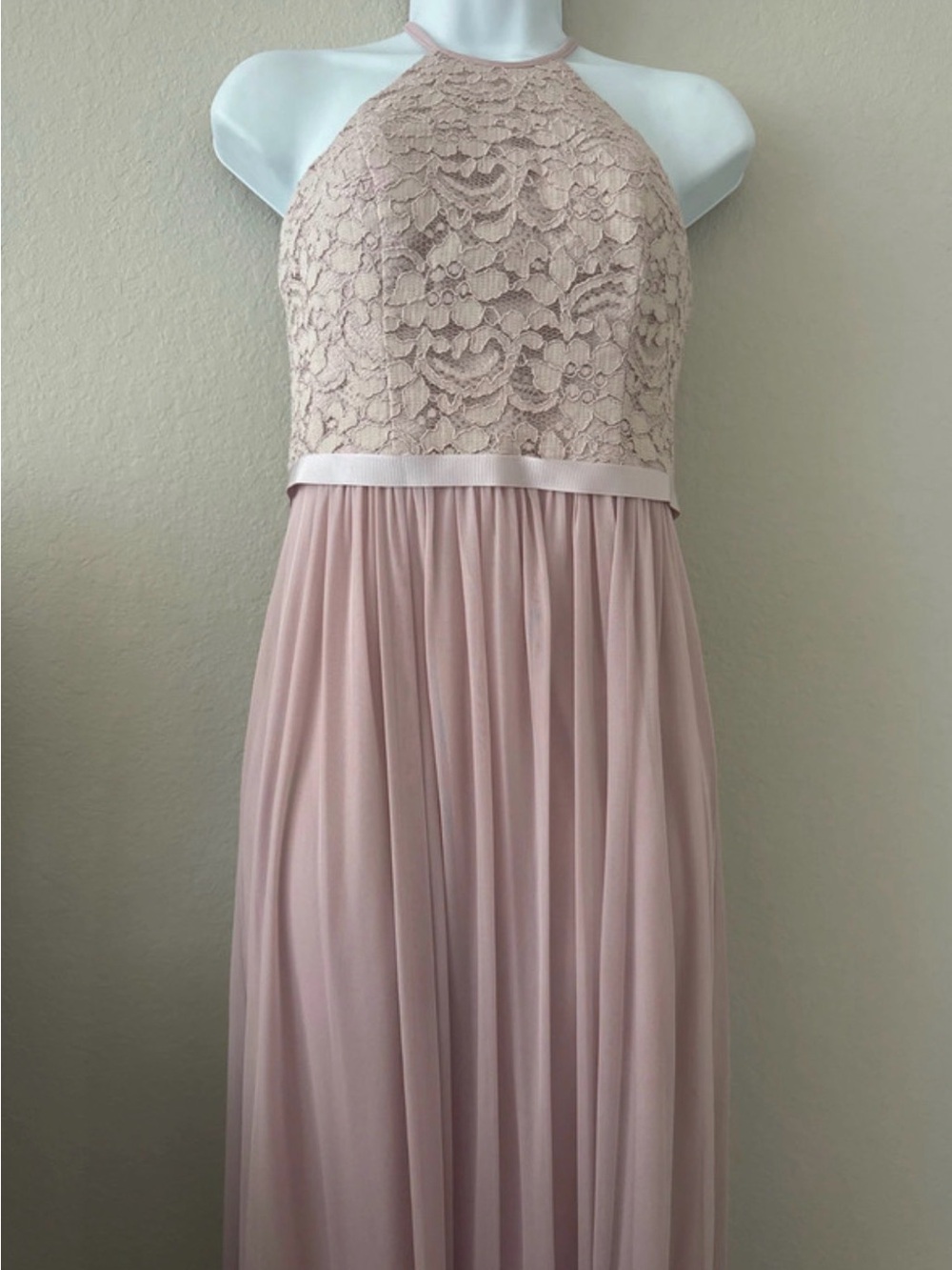 David's Bridal Lace Halter Chiffon Gown in Blush Pink